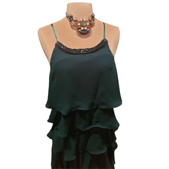 SL Fashions Green Chiffon Tiered Ruffle Beaded Dress Women’s L Cocktail Party - Picture 4 of 6